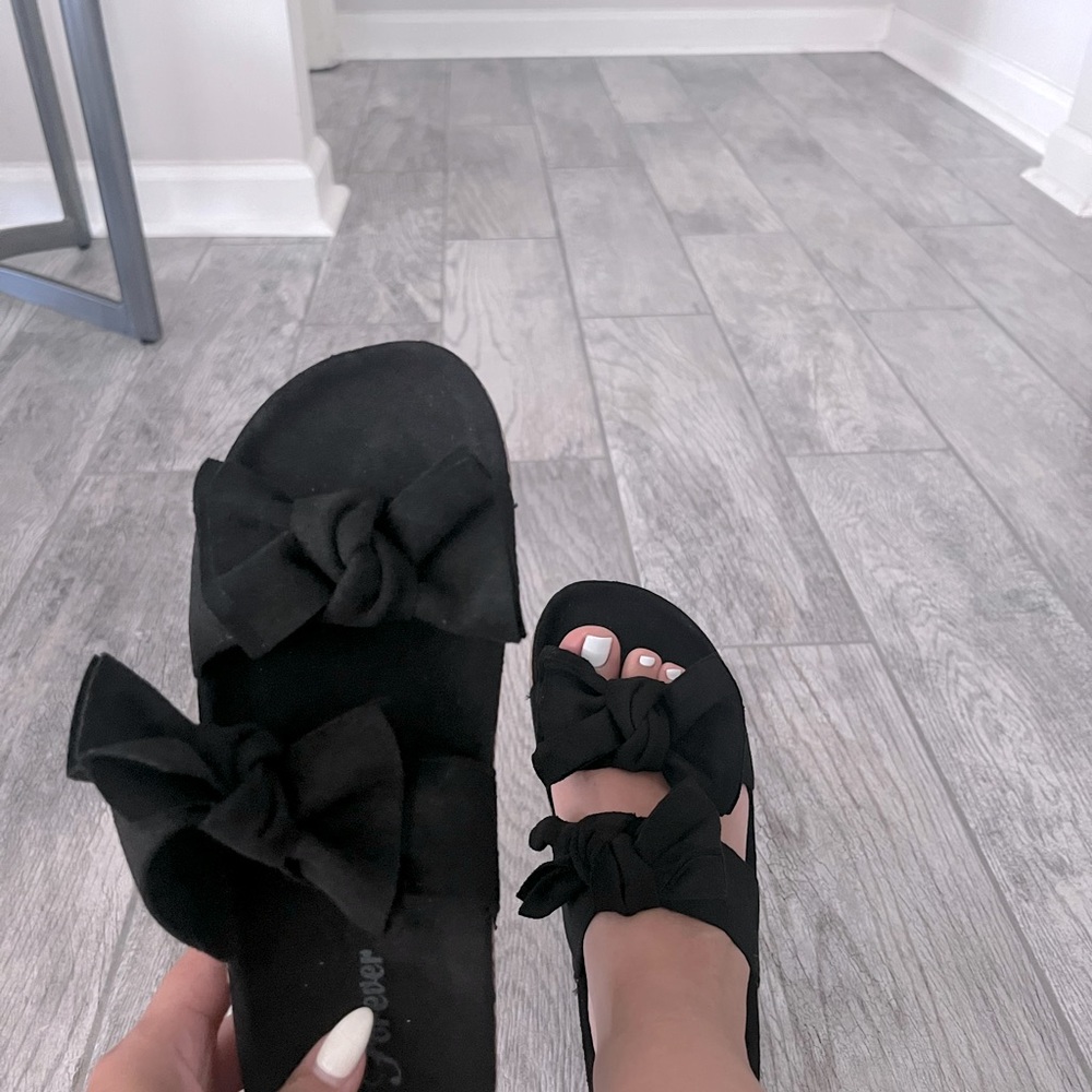 Double Bow Black Slide Sandals
